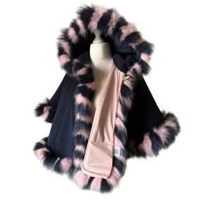 Women Navy Cape short  trim arctic fox fur