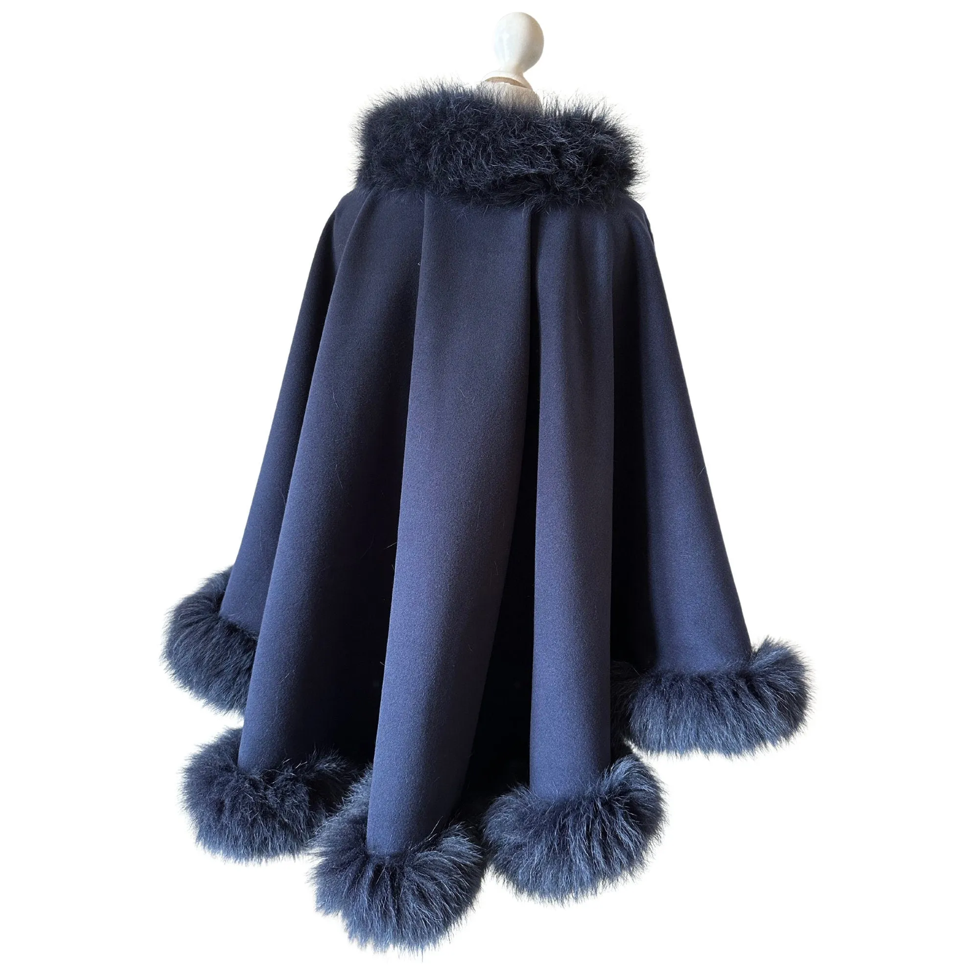 Women Navy Cape  trim arctic fox fur