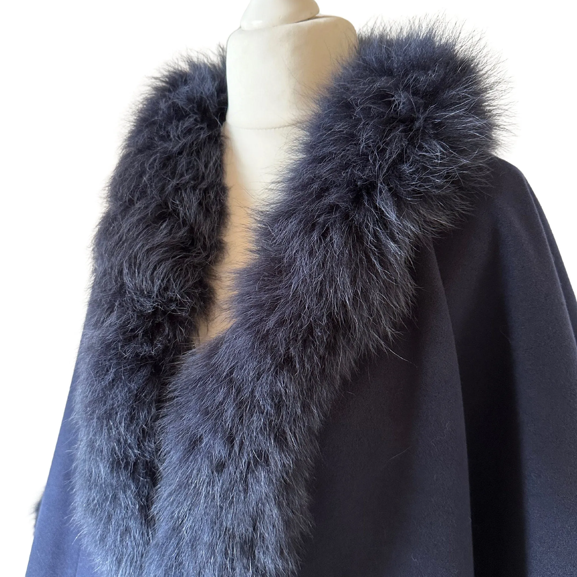 Women Navy Cape  trim arctic fox fur