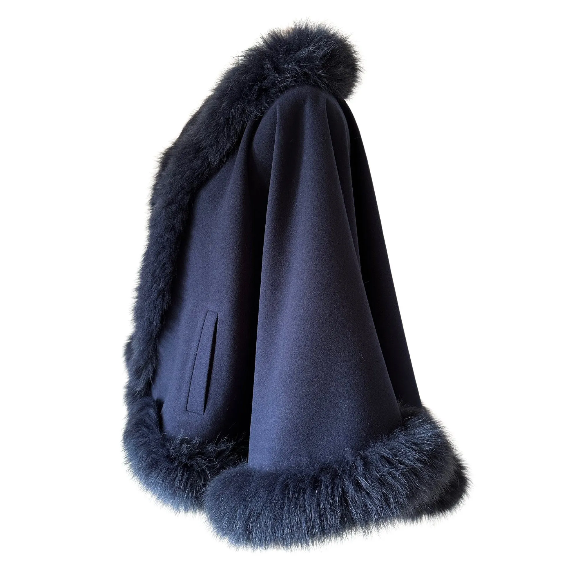 Women Navy Cape  trim arctic fox fur
