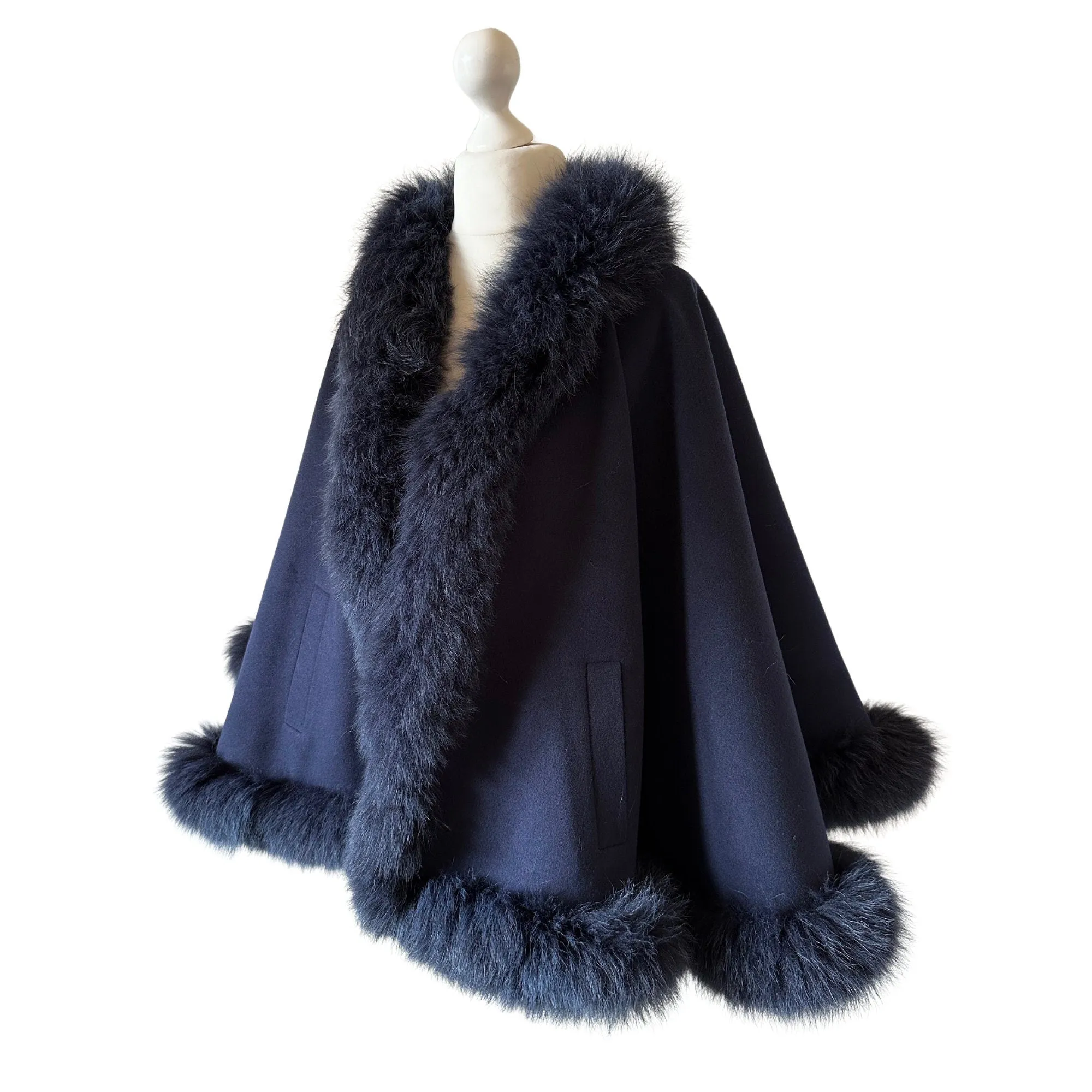 Women Navy Cape  trim arctic fox fur