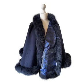 Women Navy Cape  trim arctic fox fur
