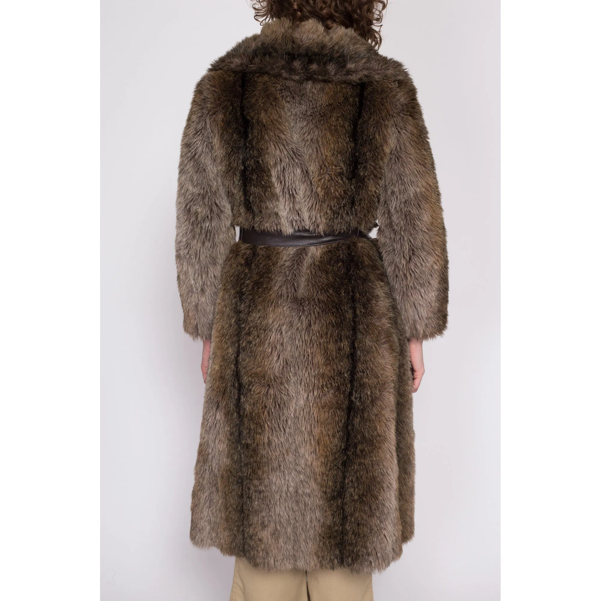 XS 70s Brown Faux Fur Belted Coat