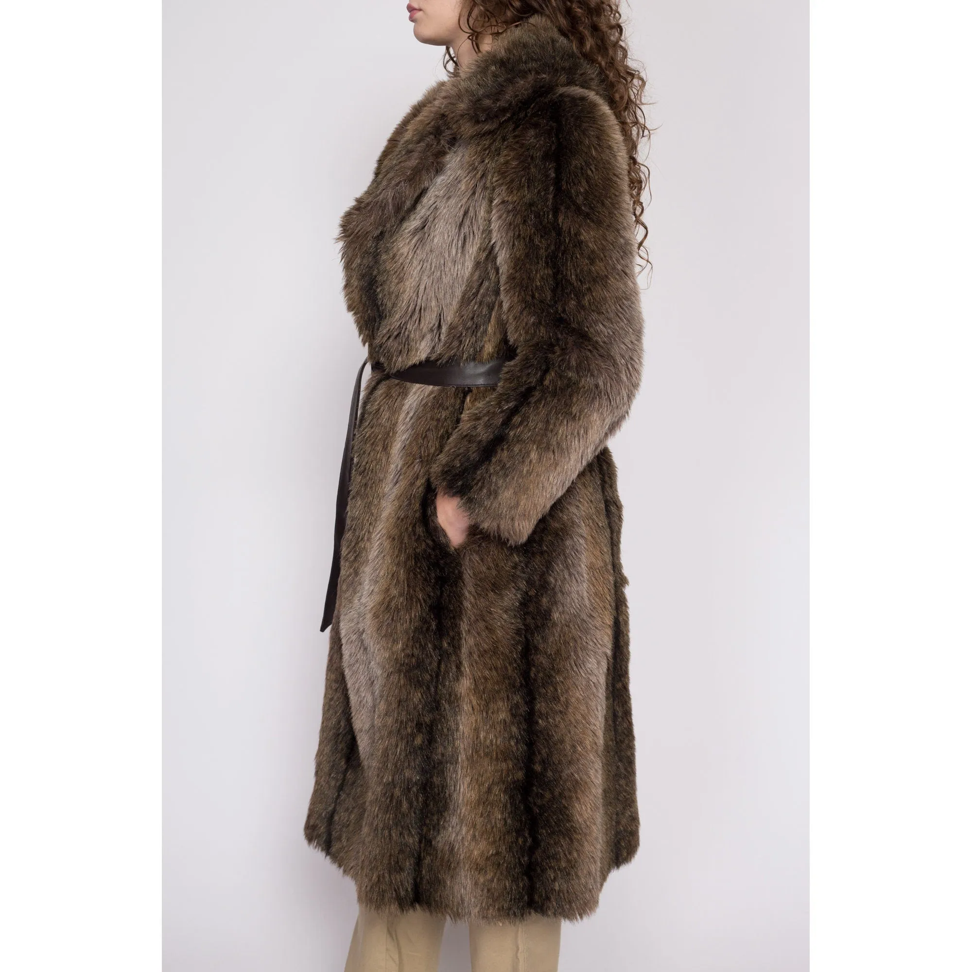 XS 70s Brown Faux Fur Belted Coat